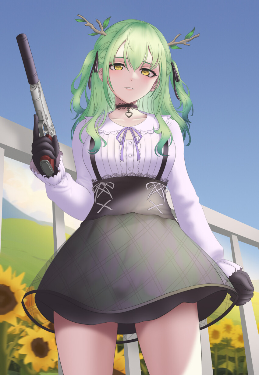 1girl, alavastircloud, black_choker, black_gloves, black_ribbon, blue_sky, blurry, blurry_background