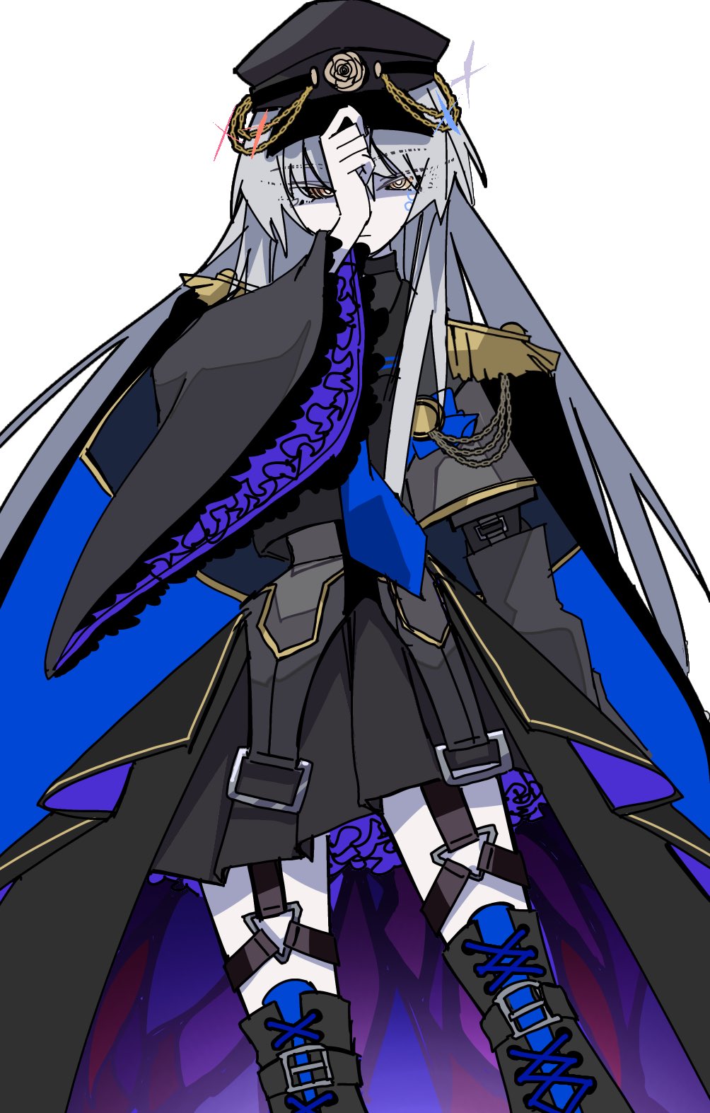 :i, @_@, adjusting_clothes, adjusting_headwear, armor, black_boots, black_coat, black_hat