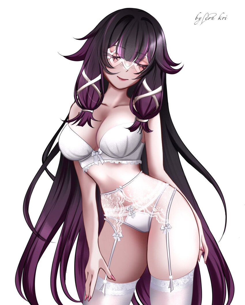 1girl, alternate_costume, black_hair, bow, bra, breasts, cleavage, closed_mouth