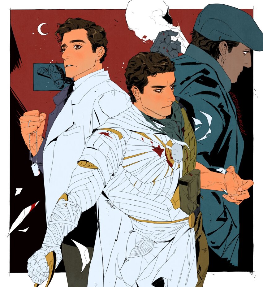 1boy, black_coat, border, brown_eyes, brown_hair, coat, commentary, crescent_moon