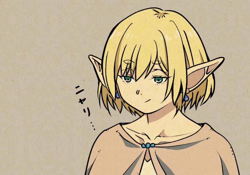 a-king, blonde_hair, cape, collarbone, commentary_request, dress, earrings, elf