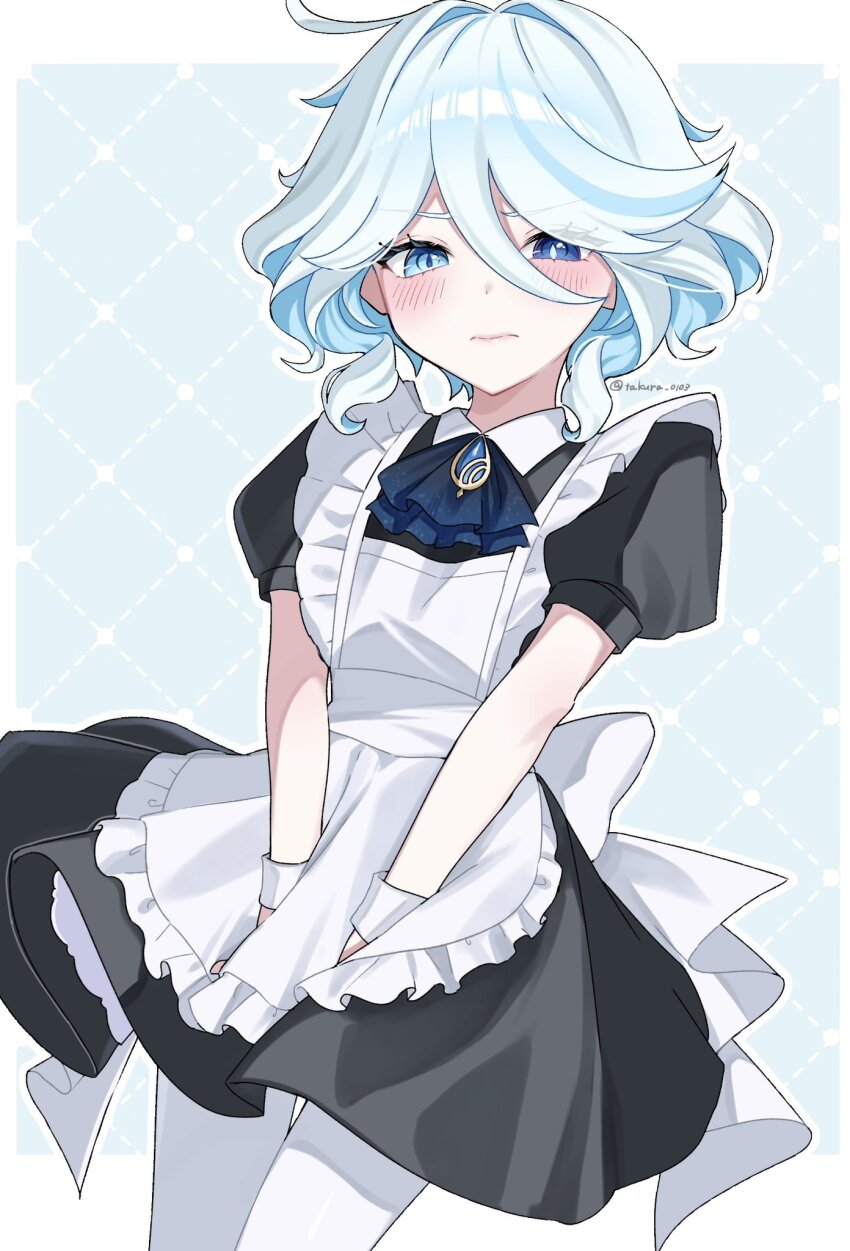 1girl, alternate_costume, apron, ascot, black_dress, blue_ascot, blue_eyes, blue_gem, blue_hair, blue_pupils, blush, closed_mouth, commentary_request, dress, drop-shaped_pupils, enmaided, frilled_apron, frills, furina_(genshin_impact), gem, genshin_impact, hair_between_eyes, heterochromia, highres, looking_at_viewer, maid, medium_hair, multicolored_hair, pantyhose, puffy_short_sleeves, puffy_sleeves, short_sleeves, solo, symbol-shaped_pupils, takura_0103, twitter_username, white_apron, white_hair, white_pantyhose, white_wrist_cuffs, wrist_cuffs
