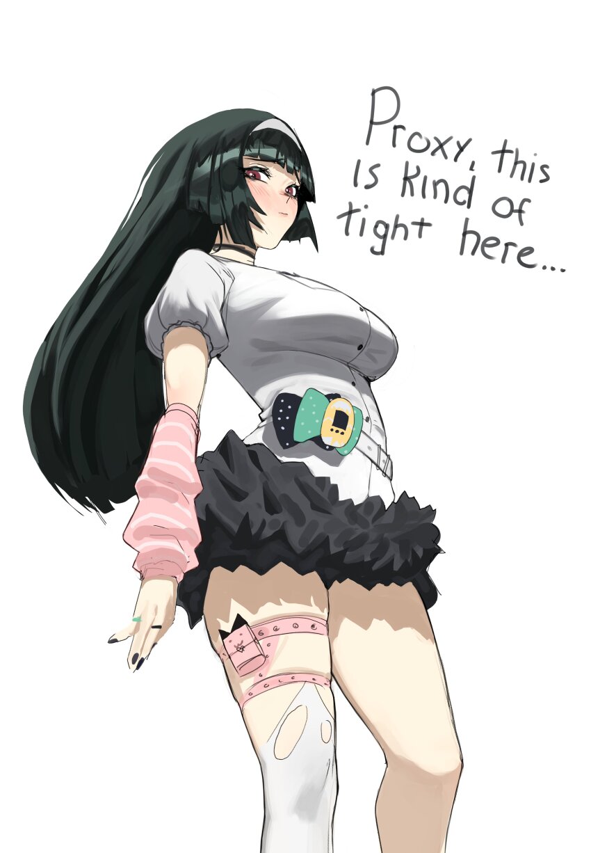 1girl, absurdres, arm_warmers, astra_yao, belt, black_choker, black_hair, black_skirt