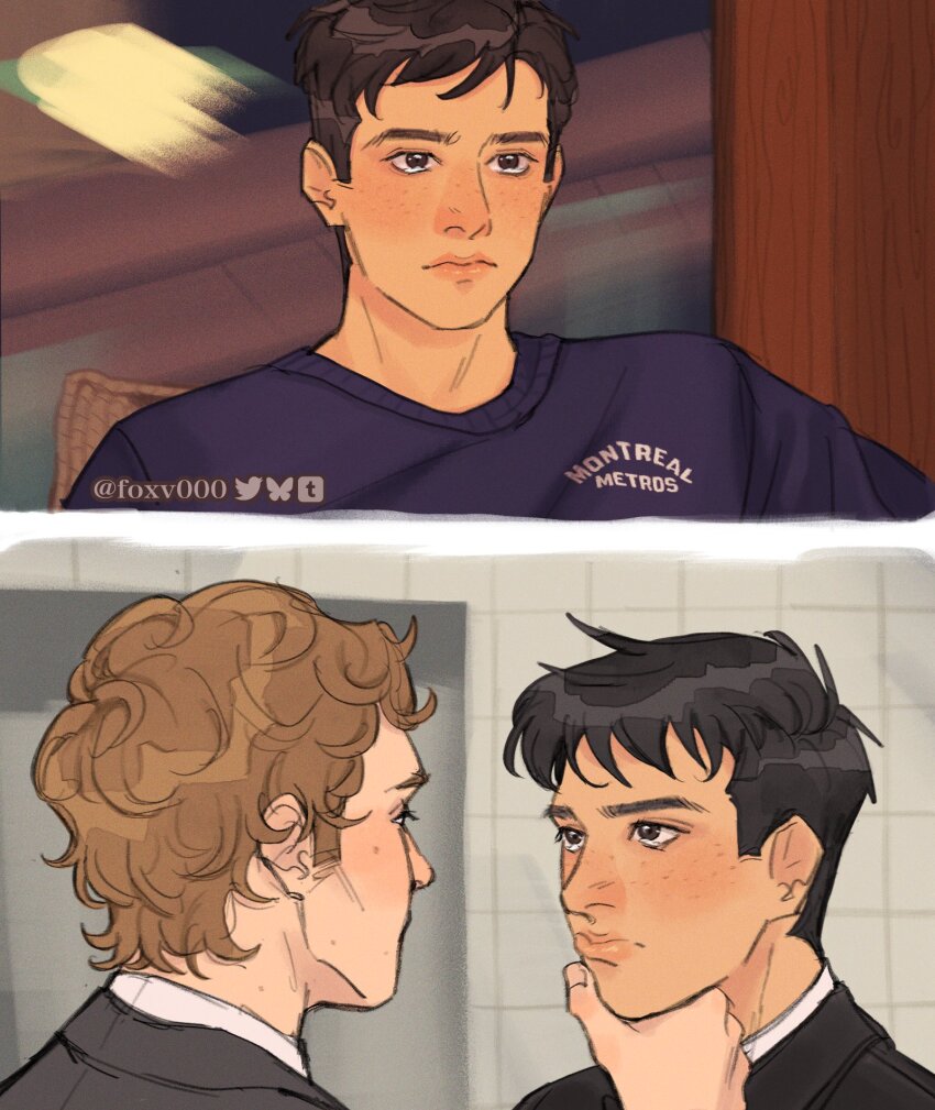 2boys, black_hair, black_jacket, blue_shirt, brown_eyes, brown_hair, closed_mouth, commentary