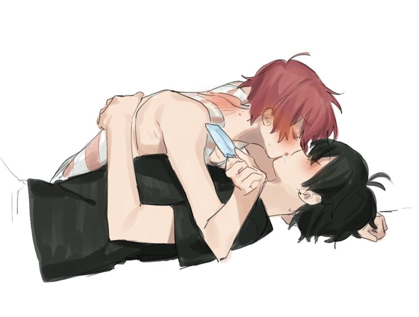 2boys, black_hair, black_shirt, blush, closed_eyes, commentary, english_commentary, food