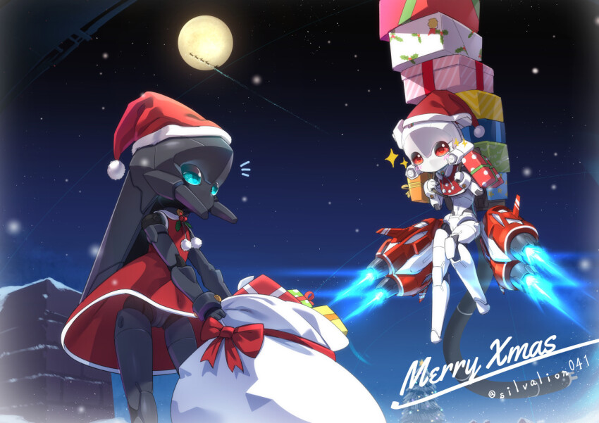 2girls, blue_eyes, box, christmas, christmas_ornaments, commentary, dress, gift