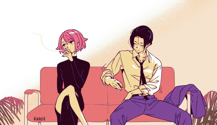 2girls, anna_(drifting_into_summer), belt, black_belt, black_dress, black_hair, black_necktie, cigarette