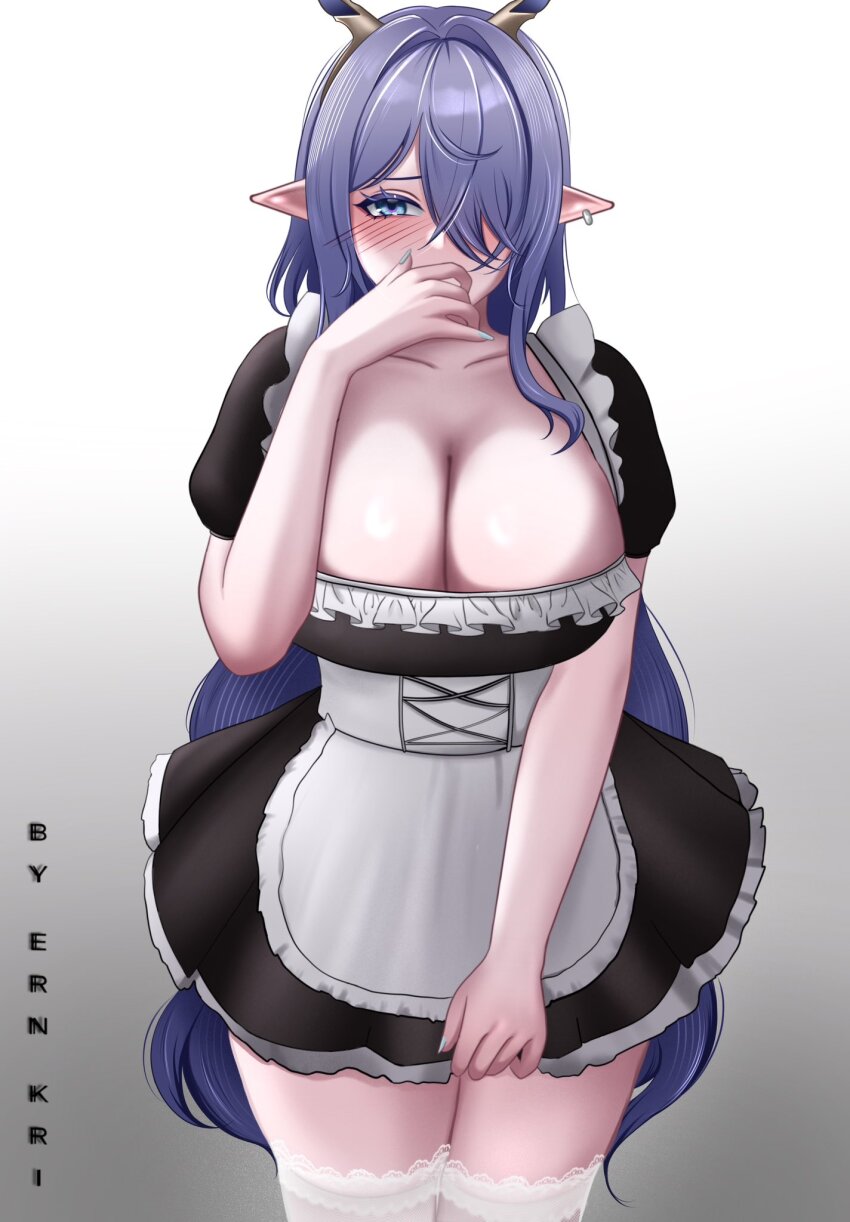 1girl, alternate_costume, apron, artist_name, black_dress, blue_eyes, blush, breasts, cleavage, collarbone, commentary, covering_own_mouth, cowboy_shot, dress, ern_kri, fingernails, genshin_impact, gradient_background, grey_background, hair_over_one_eye, hand_over_own_mouth, hashtag-only_commentary, highres, lace, lace-trimmed_thighhighs, lace_trim, large_breasts, lauma_(genshin_impact), long_hair, looking_at_viewer, nail_polish, pointy_ears, purple_hair, short_sleeves, solo, thighhighs, untranslatable_commentary, very_long_hair, white_apron, white_background, white_thighhighs