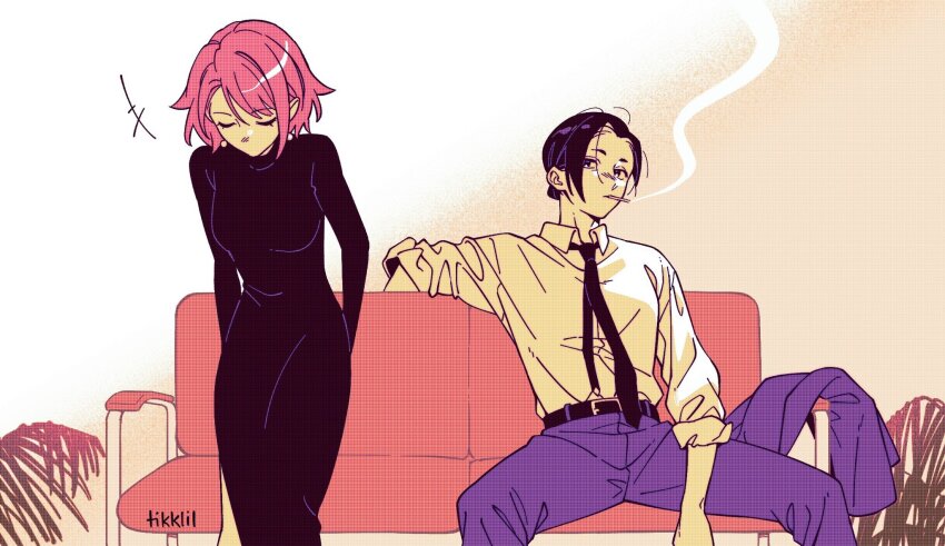 2girls, anna_(drifting_into_summer), arm_rest, belt, bench, black_belt, black_dress, black_hair