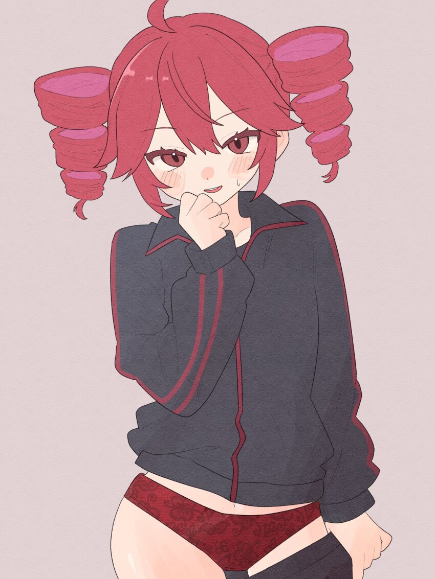 1girl, ahoge, blush, commentary_request, drill_hair, hair_between_eyes, highres, jacket