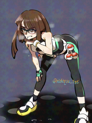 1girl, bent_over, black-framed_eyewear, black_leggings, black_socks, brown_hair, commentary_request, becca_(pokemon)