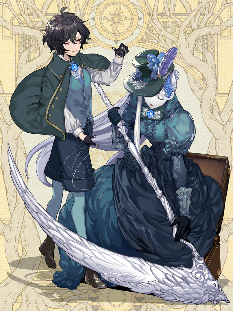 2girls, androgynous, aqua_pantyhose, black_gloves, black_hair, blue_dress, blue_gem, blue_vest