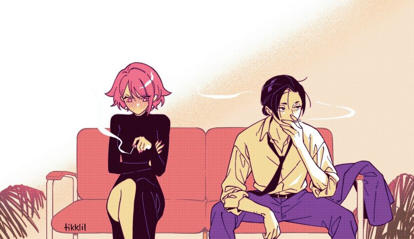 2girls, anna_(drifting_into_summer), arm_rest, belt, black_belt, black_dress, black_hair, black_necktie