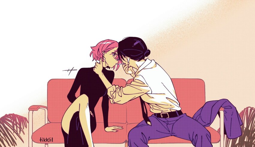 2girls, anna_(drifting_into_summer), arm_support, belt, black_belt, black_dress, black_hair, black_necktie