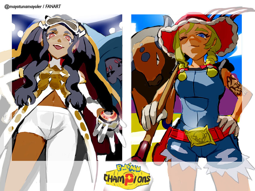 2girls, :d, arm_tattoo, belt, belt_buckle, black_hair, blonde_hair, blue_eyes