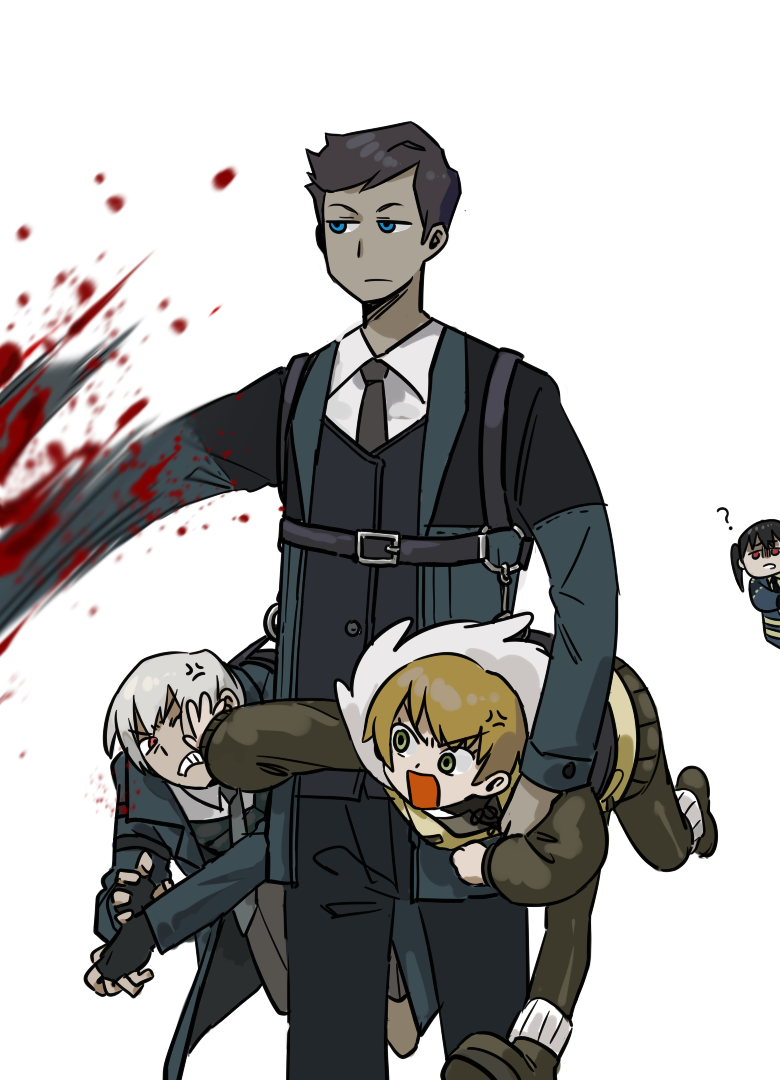 2boys, 2girls, ?, anger_vein, blonde_hair, blood, blue_eyes, brown_hair