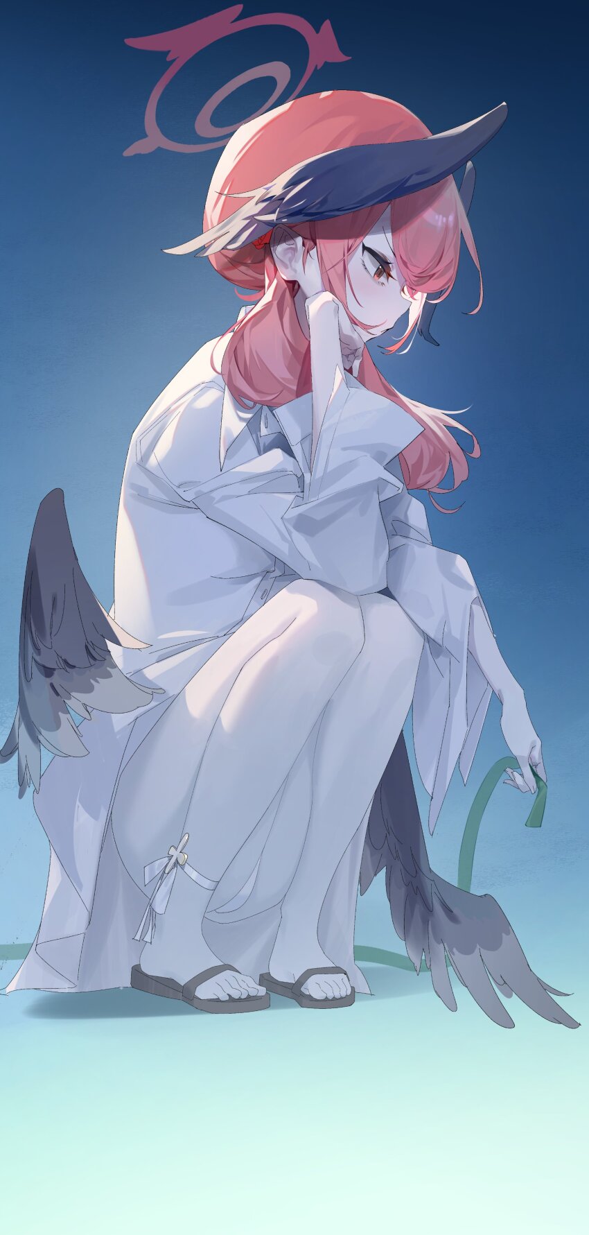 1girl, absurdres, akirayang23, ankle_ribbon, bikini, black_wings, blue_archive, blue_background