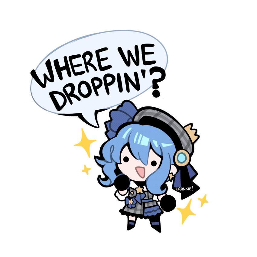 1girl, :d, artist_name, beret, black_gloves, blue_hair, chibi, commentary