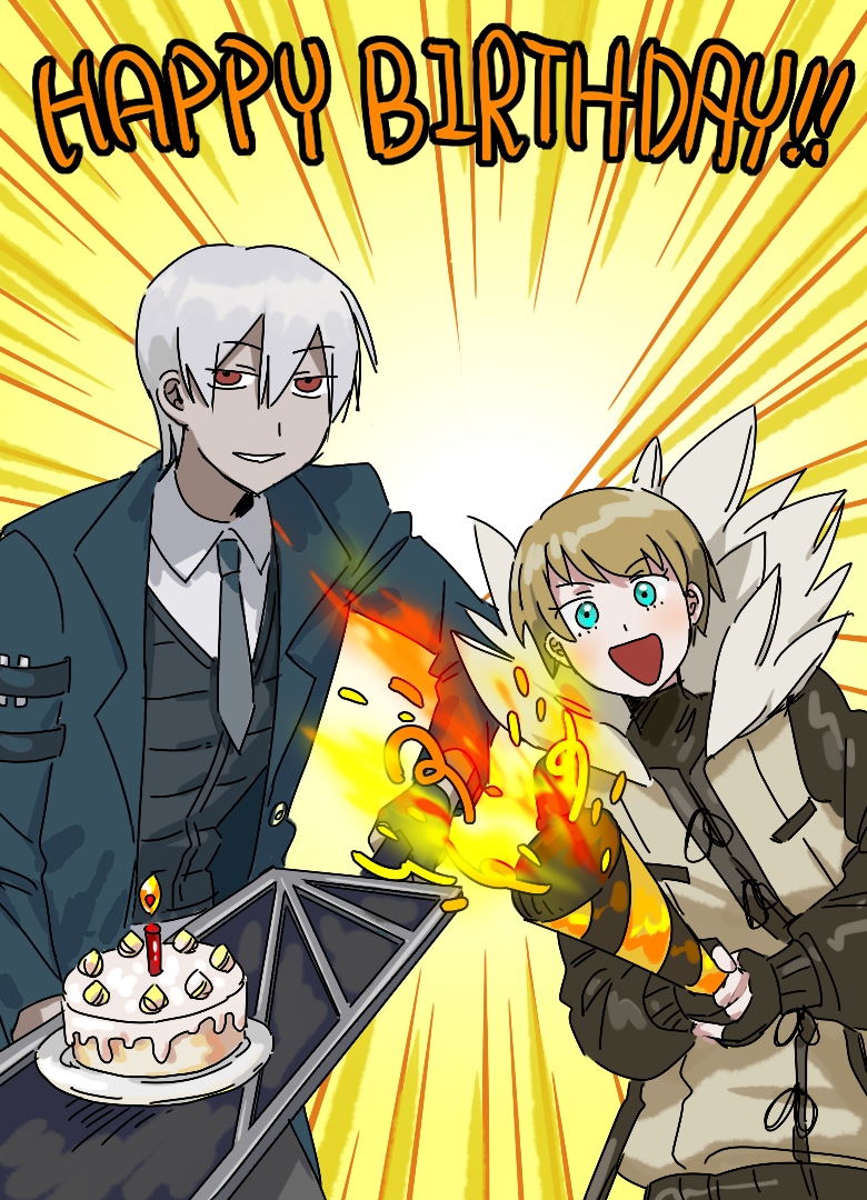 1boy, 1girl, birthday_cake, black_gloves, blonde_hair, blue_eyes, brown_jacket, cake