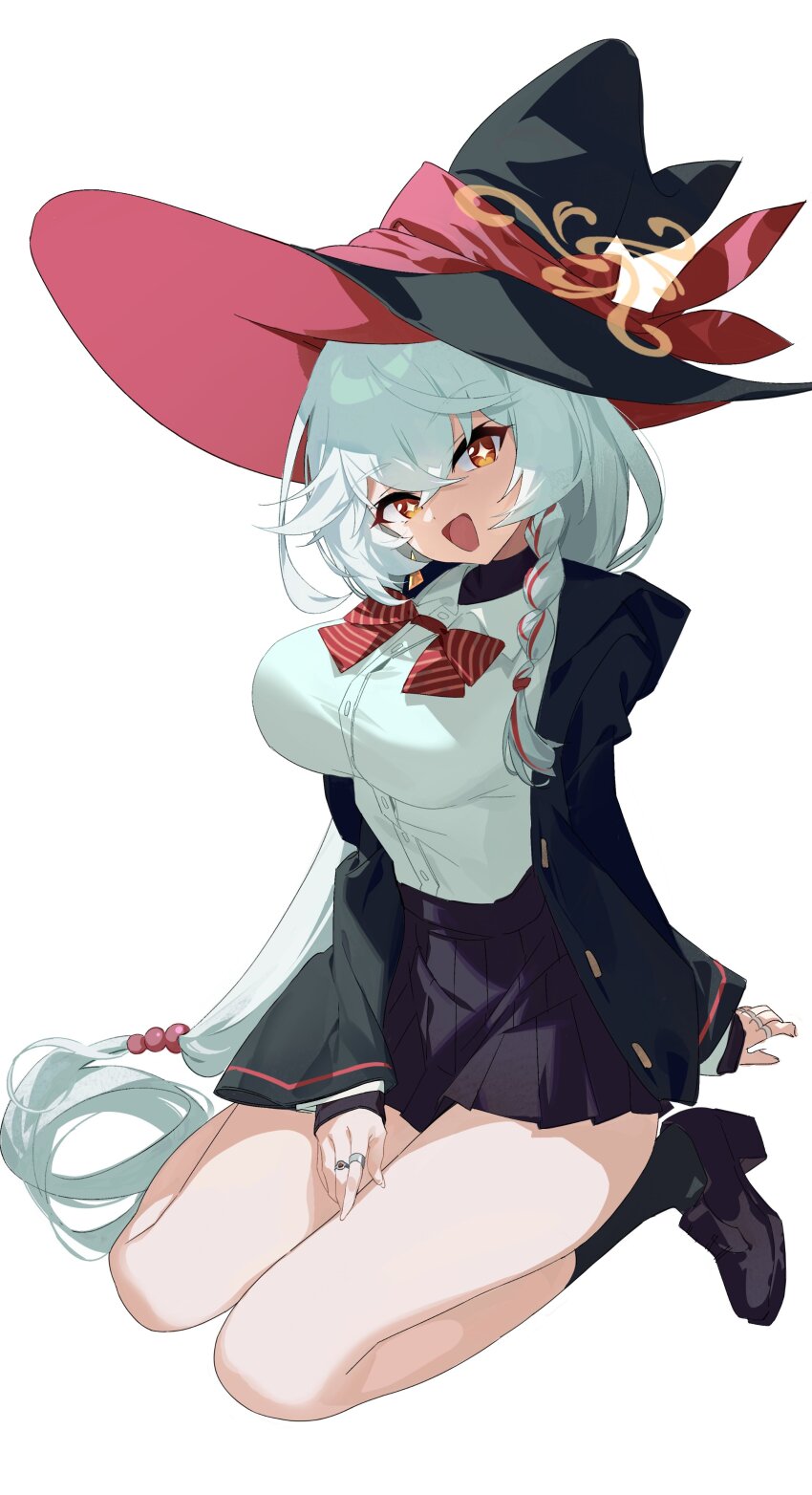 +_+, 1girl, :d, absurdres, akirayang23, arm_behind_back, black_hat, black_jacket