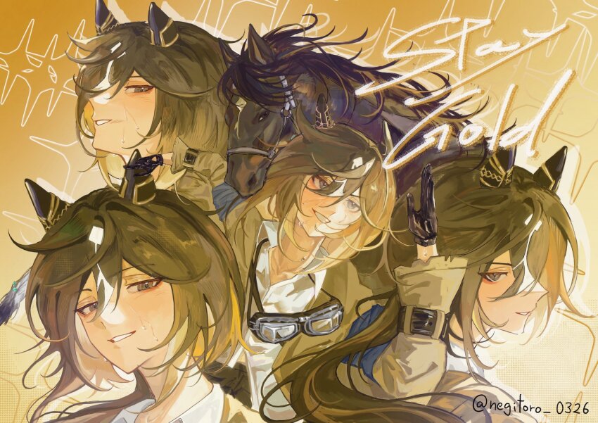 1girl, animal_ears, asymmetrical_shirt, black_gloves, black_hair, breasts, brown_eyes, brown_hair