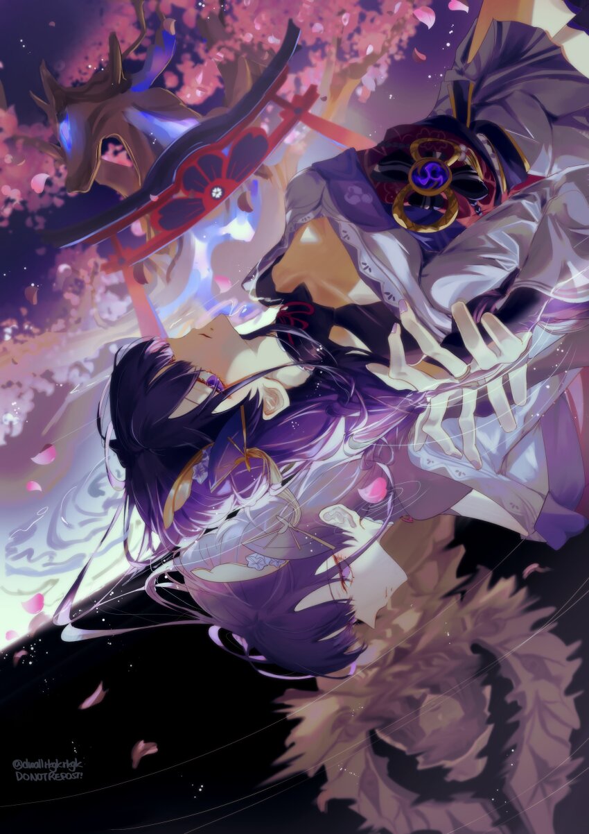 1girl, absurdres, architecture, artist_name, blunt_bangs, braid, bridal_gauntlets, cherry_blossoms