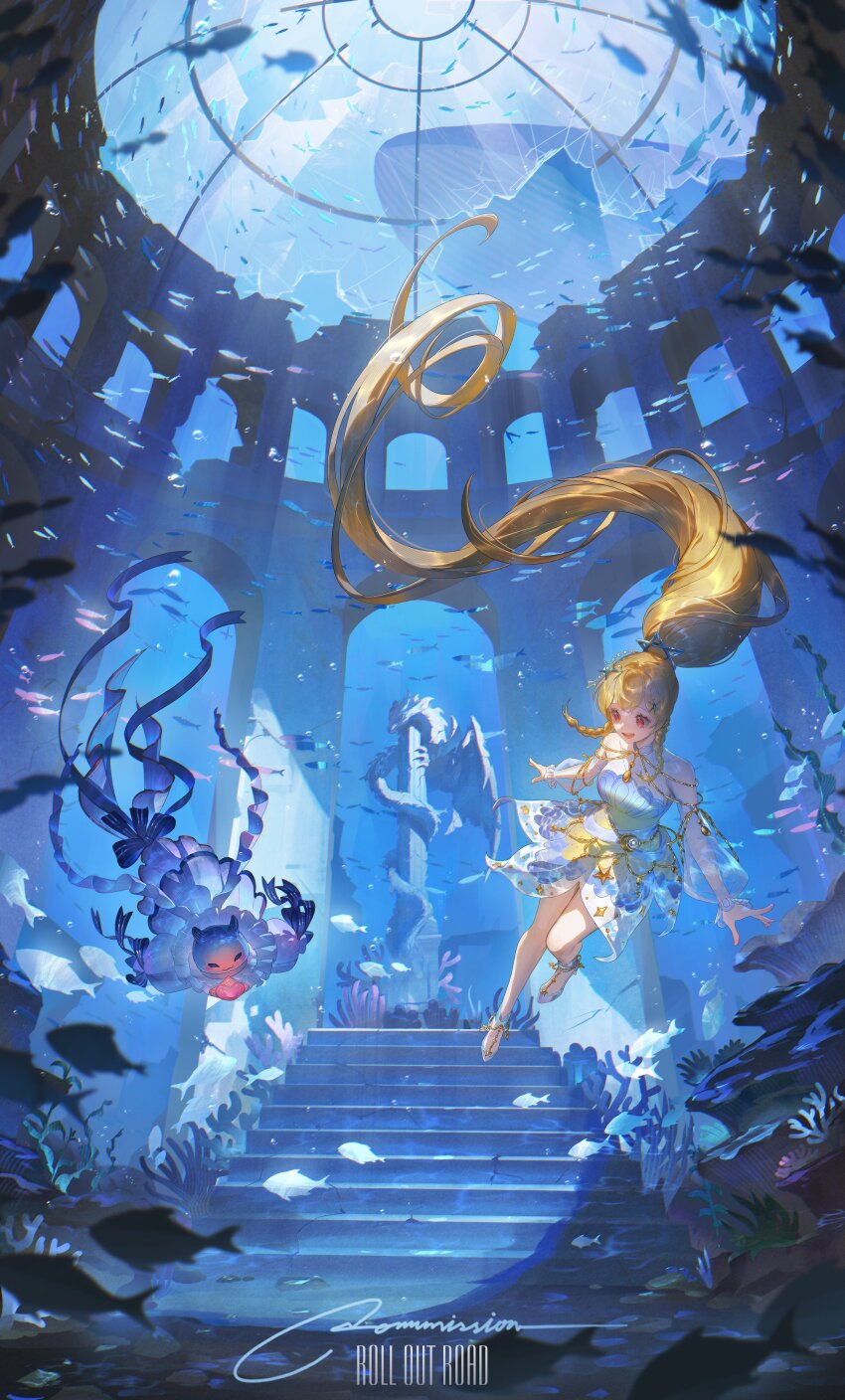 1girl, 1other, absurdres, artist_name, blonde_hair, braid, chain, commission