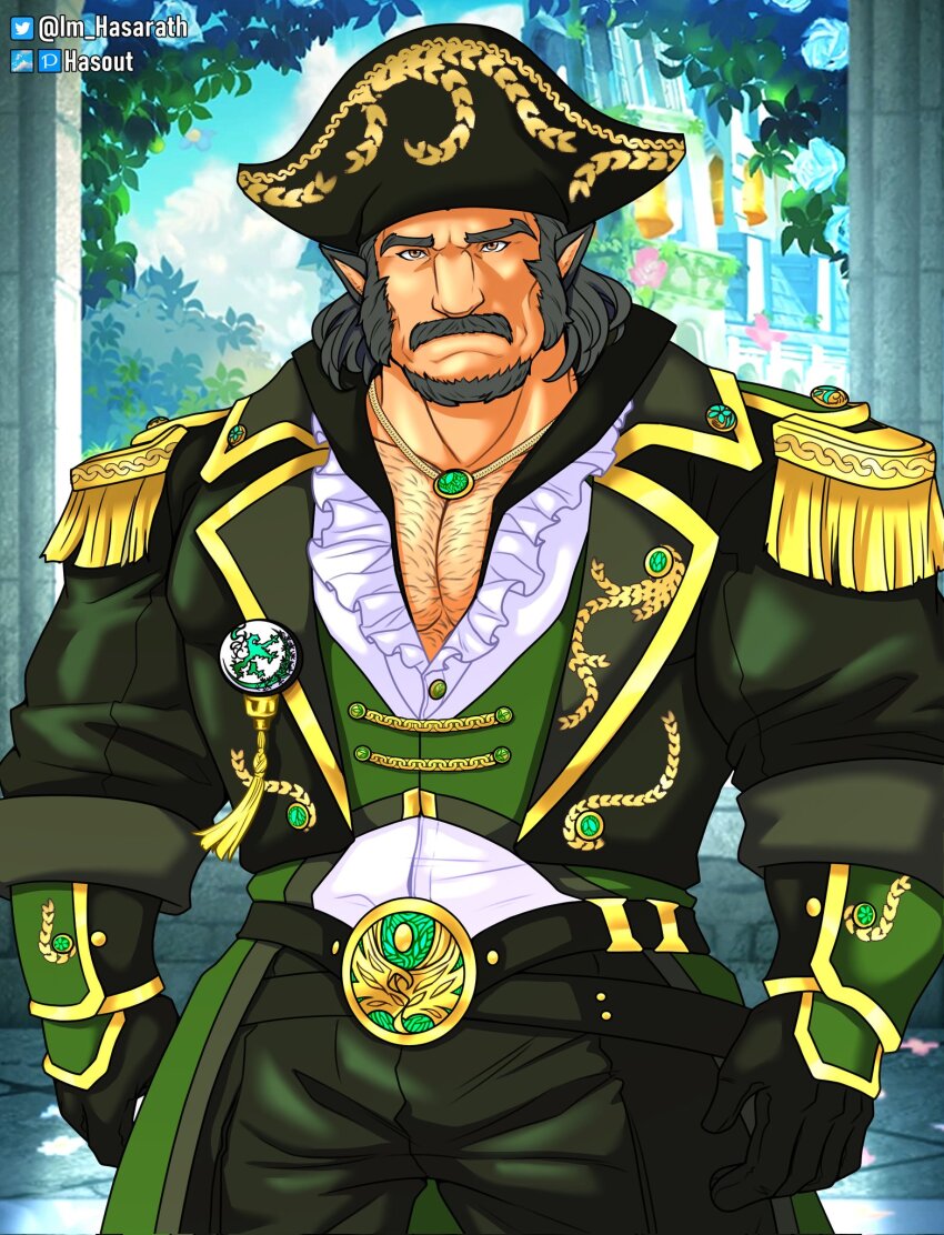 1boy, alternate_costume, animal_ears, arts_of_hasarath, bara, black_hair, brown_eyes, chest_hair