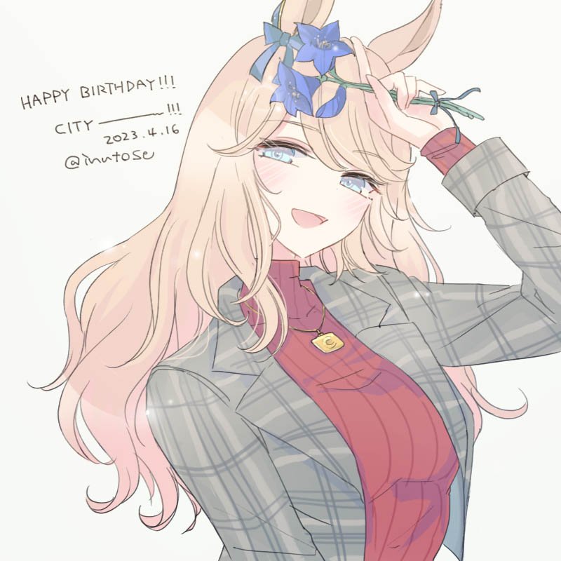 1girl, animal_ears, blonde_hair, blue_eyes, blue_flower, blue_ribbon, commentary_request, flower