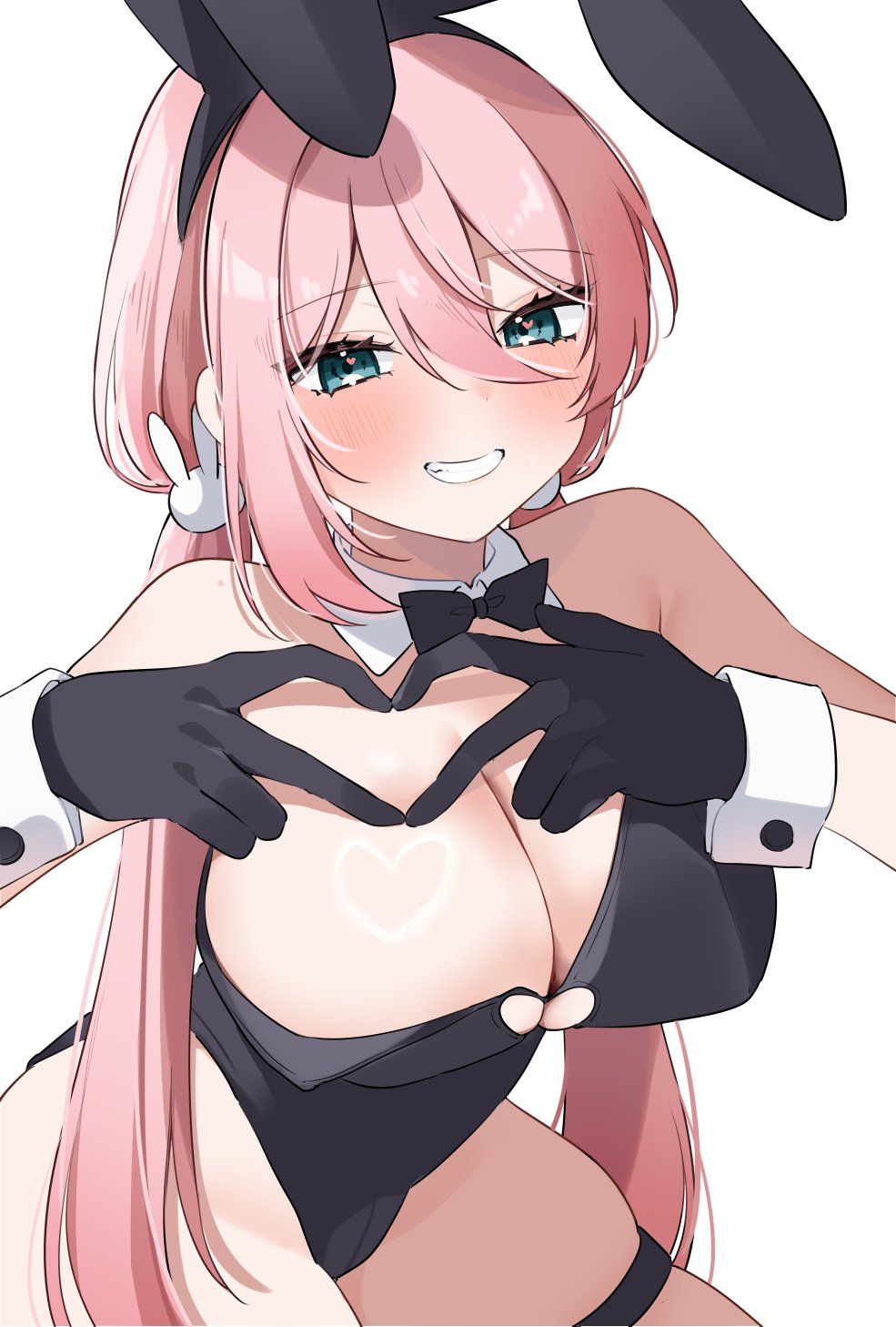 1girl, animal_ear_hairband, animal_ears, anmi_ilust, aqua_eyes, bare_shoulders, black_bow, black_bowtie, black_gloves, black_hairband, black_leotard, blush, bow, bowtie, breasts, cleavage, commentary_request, detached_collar, fake_animal_ears, four-finger_heart_hands, gloves, grin, hairband, heart, heart_hands, heart_in_eye, highres, large_breasts, leotard, long_hair, looking_at_viewer, momogusa-san_ga_monogusasugiru, pink_hair, playboy_bunny, rabbit_ear_hairband, rabbit_ears, simple_background, smile, solo, strapless, strapless_leotard, symbol_in_eye, thigh_strap, twintails, white_background, white_wrist_cuffs, wrist_cuffs