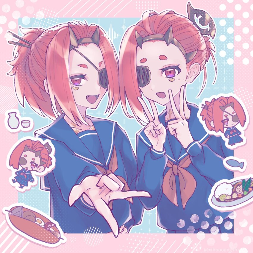 2girls, :d, alternate_costume, blue_sailor_collar, blue_serafuku, blue_shirt, border, character_sticker