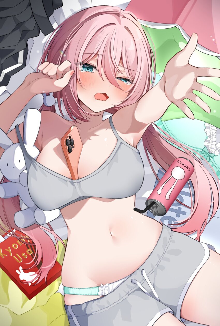 1girl, anmi_ilust, aqua_eyes, aqua_panties, blush, breasts, cellphone, character_request