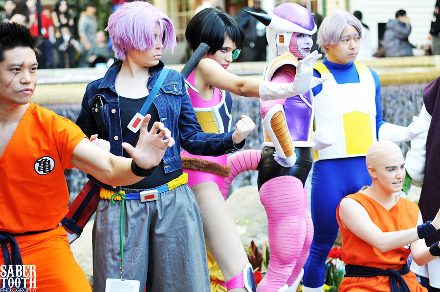 1girl, 5boys, artist_request, black_hair, cosplay, dragon_ball, dragonball_z, frieza