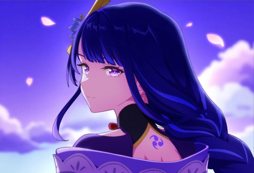 1girl, back_tattoo, blue_pupils, blunt_bangs, blurry, blurry_background, braid, bridal_gauntlets