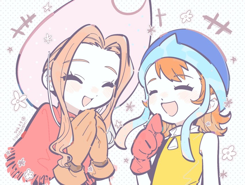 brown_hair, closed_eyes, digimon, flu_cocos, gloves, happy, hat, long_hair