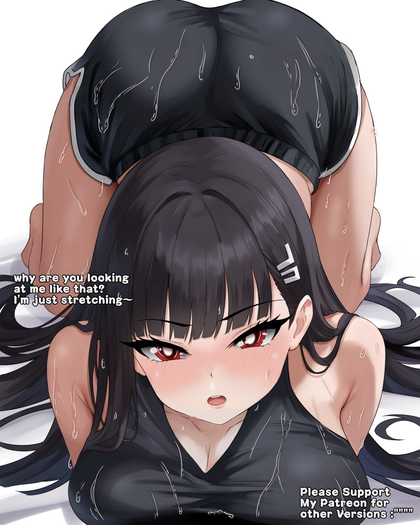 absurdres, ass, black_hair, black_shirt, black_shorts, blue_archive, blunt_bangs, blush