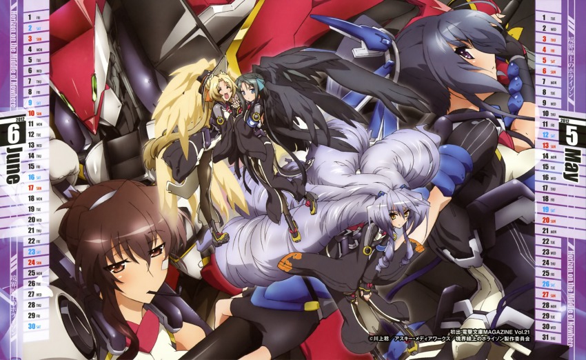 5girls, angel_wings, black_hair, black_wings, blonde_hair, blue_eyes, bodysuit, bow, brown_eyes, calendar, drill_hair, closed_eyes, fingerless_gloves, gloves, hair_bow, hat, highres, honda_futayo, jizurisuzaku, kyoukaisenjou_no_horizon, long_hair, malga_naruze, margot_knight, mechanical_arms, multiple_girls, naomasa_(horizon), nate_mitotsudaira, pantyhose, purple_eyes, silver_hair, single_mechanical_arm, very_long_hair, wings, witch_hat, yellow_eyes