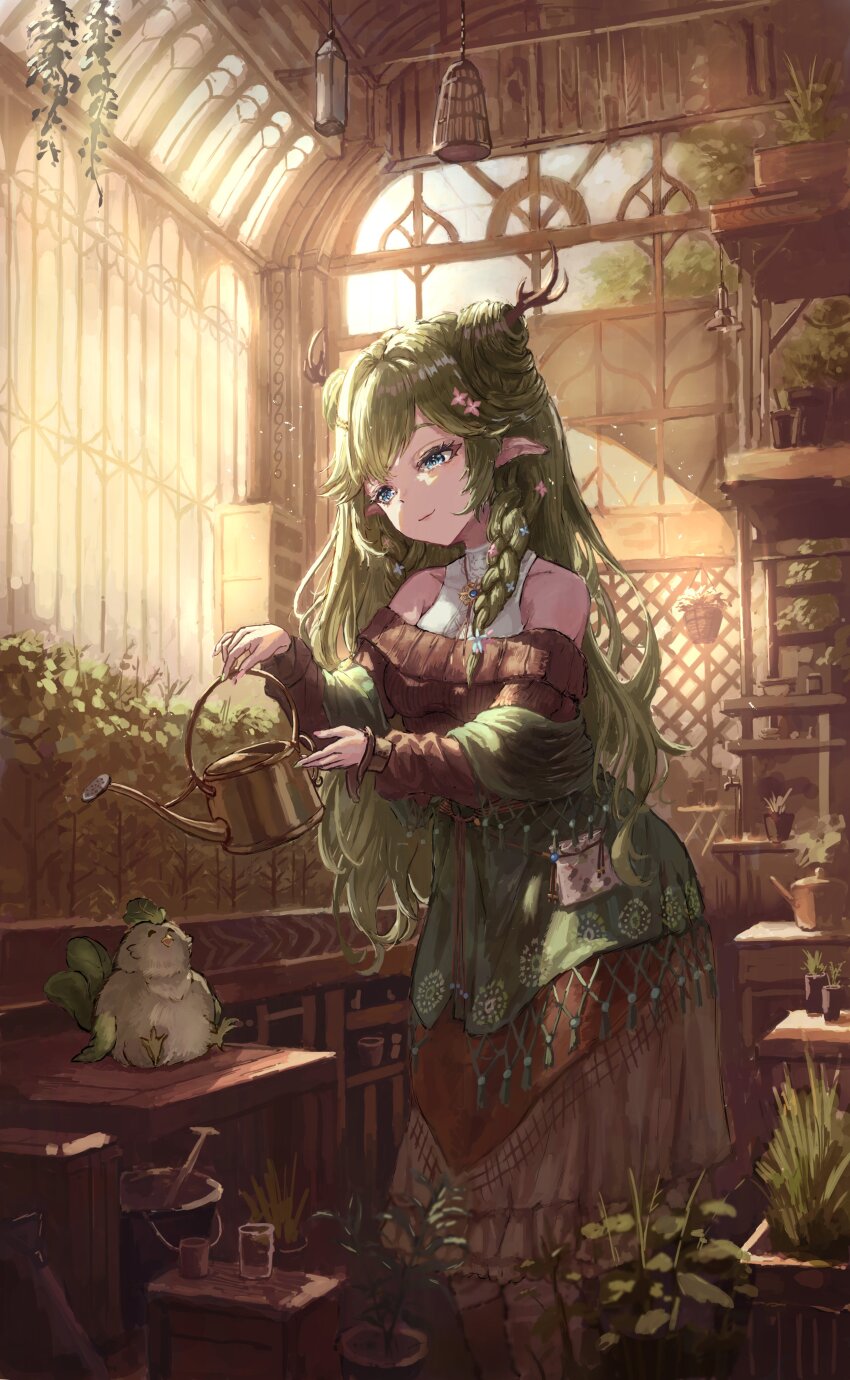 1girl, absurdres, antlers, bawk_choy_(indy_brambles), bird, blue_eyes, braid, breasts, brown_skirt, brown_sweater, bucket, bush, chicken, closed_mouth, collarbone, commentary, commission, double_bun, english_commentary, feet_out_of_frame, flower, green_hair, hair_bun, hair_flower, hair_ornament, hairclip, head_tilt, highres, holding, holding_watering_can, horns, indie_virtual_youtuber, indoors, indy_brambles, jewelry, light_particles, long_hair, long_sleeves, medium_breasts, necklace, nejumipro, pink_flower, plant, pointy_ears, potted_plant, pouch, second-party_source, shelf, shirt, shovel, side_braids, skeb_commission, skirt, sleeveless, sleeveless_shirt, smile, solo, standing, sweater, swept_bangs, very_long_hair, virtual_youtuber, watering, watering_can, white_shirt, window
