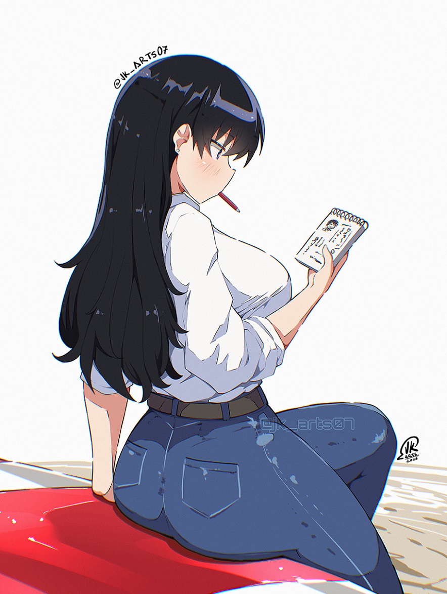 1girl, arato_nagi, artist_name, ass, black_hair, blonde_hair, blue_eyes, blush, breasts, collared_shirt, commentary, denim, earrings, english_commentary, from_behind, holding, holding_notepad, jeans, jewelry, jk_arts, large_breasts, long_hair, looking_at_object, mouth_hold, notepad, pants, pen_in_mouth, ruri_no_houseki, shirt, shirt_tucked_in, sitting, sleeves_rolled_up, solo, stud_earrings, thighs, twitter_username, white_background, white_shirt