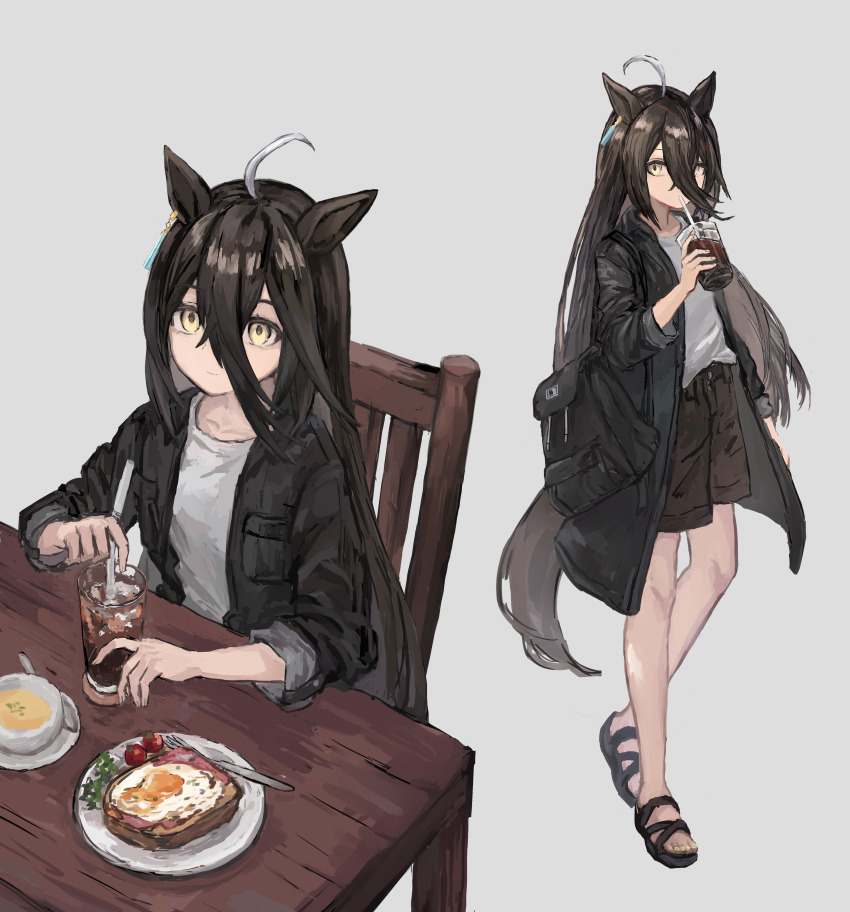 1girl, absurdres, ahoge, animal_ears, bag, black_bag, black_eyeliner, black_hair