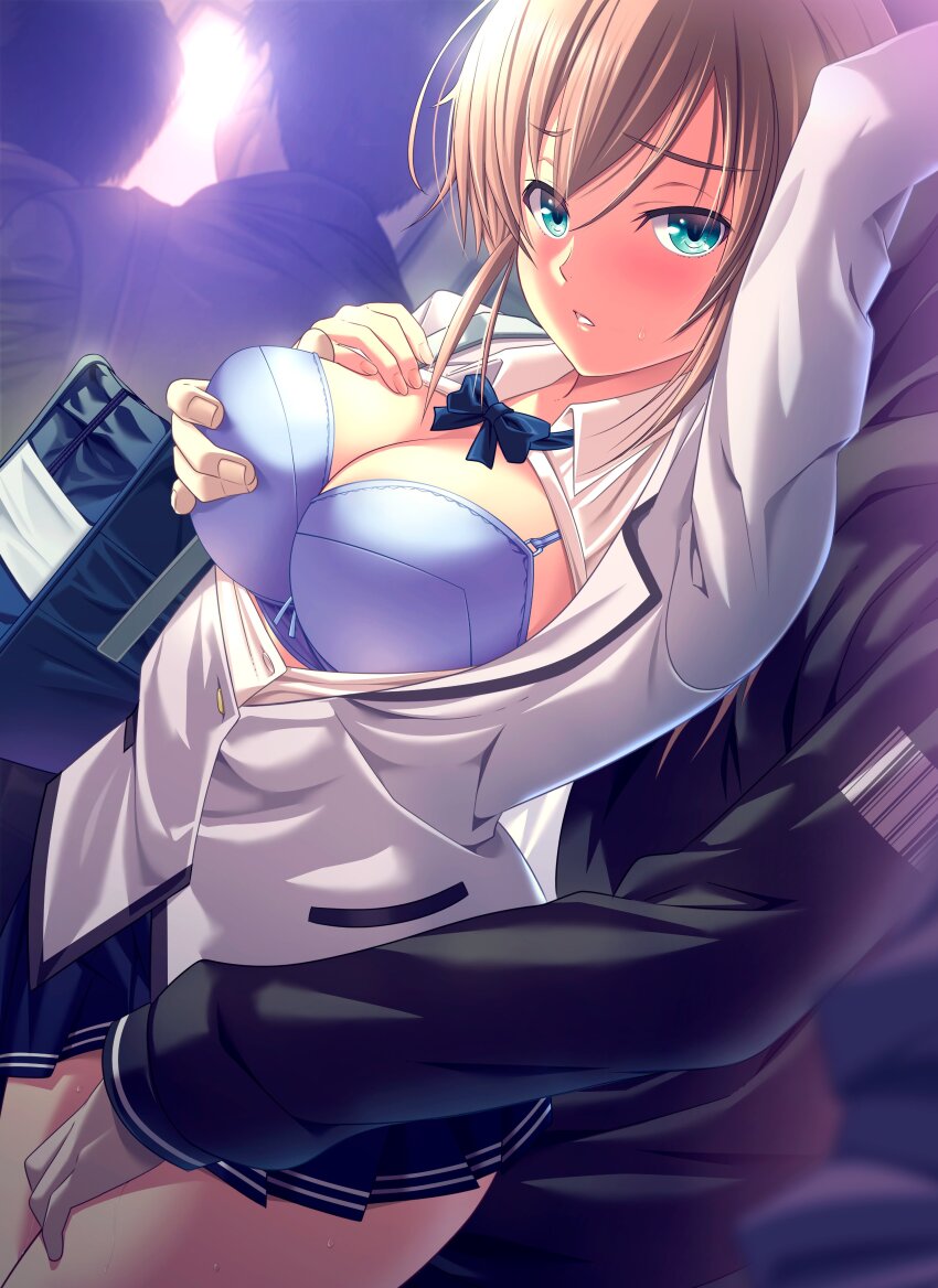 1girl, absurdres, amamiya_karan, arm_up, blue_bra, blue_skirt, bra, breasts, breasts_out, brown_hair, chikan, commentary_request, grabbing_another's_breast, grabbing_from_behind, groping, highres, kyokugen_chikan_tokuiten_2, large_breasts, long_hair, looking_at_viewer, looking_back, m&amp;m_(mickey_and_mackey), molestation, nervous, official_art, open_clothes, open_mouth, open_shirt, skirt, solo_focus, thighs, underwear