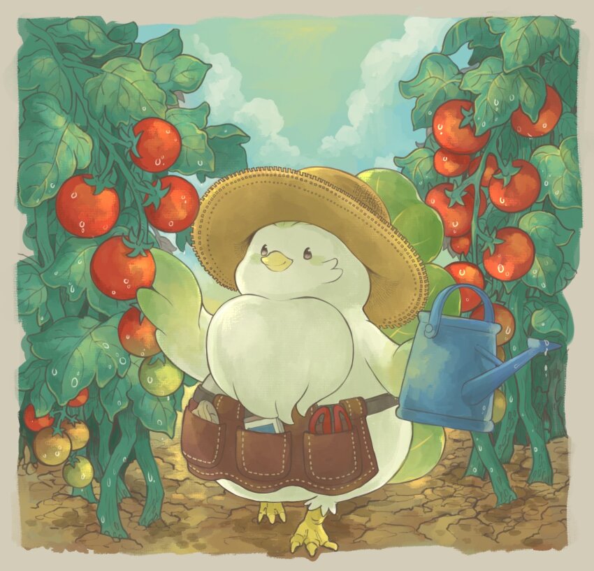 animal, bawk_choy_(indy_brambles), bird, border, brown_hat, chicken, closed_mouth, clothed_animal, cloud, commentary, commission, crumpets-jp, day, dirt, english_commentary, full_body, gardening, green_sky, grey_eyes, hat, highres, holding, holding_watering_can, indie_virtual_youtuber, no_humans, outdoors, scissors, second-party_source, skeb_commission, sky, smile, solo, sun_hat, tomato, virtual_youtuber, walking, water_drop, watering_can