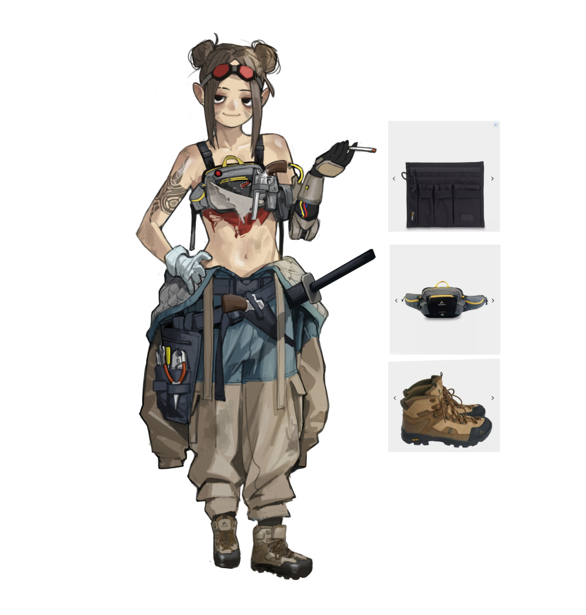 1girl, absurdres, arm_tattoo, asymmetrical_gloves, bare_shoulders, black_gloves, boots, brown_boots