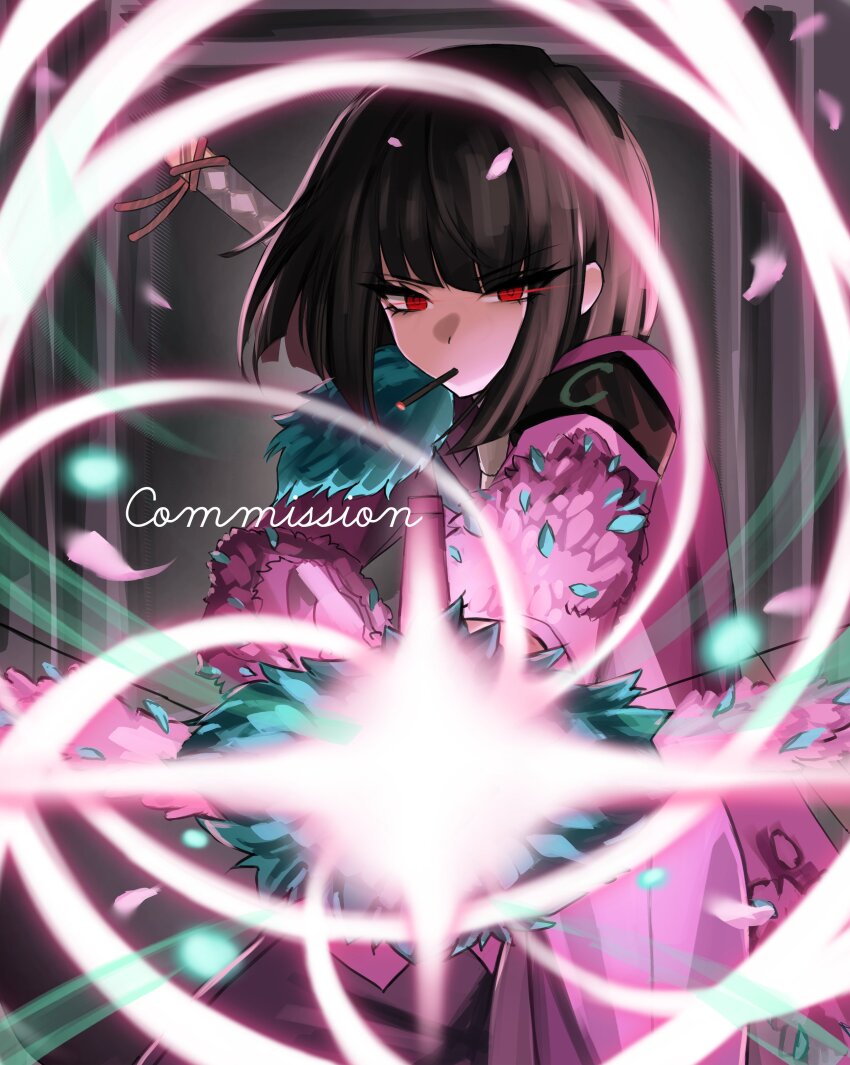 1girl, absurdres, black_hair, cigarette, commission, e.g.o_(project_moon), faint_aroma_(e.g.o), hashtag-only_commentary, highres, limbus_company, looking_at_viewer, medium_hair, petals, pink_petals, project_moon, rebrrro, red_eyes, red_pupils, ryoshu_(project_moon), sheath, sheathed, solo, standing, sword, weapon