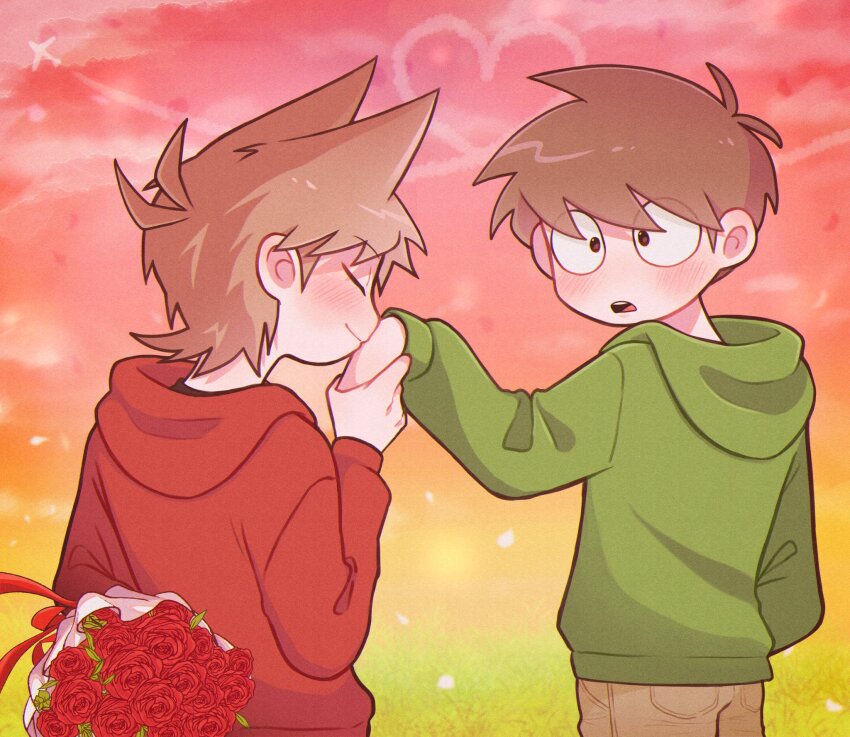 2boys, :o, aircraft, airplane, antenna_hair, blush, bouquet, brown_eyes, brown_hair, brown_pants, closed_eyes, commentary, couple, edd_(eddsworld), eddsworld, fewer_digits, film_grain, flipped_hair, flower, from_behind, gradient_sky, grass, green_hoodie, hair_behind_ear, hair_ears, heart, highres, holding, holding_bouquet, hood, hood_down, hoodie, kiss, kissing_hand, long_sleeves, looking_at_another, male_focus, mau_(edd_tom), multiple_boys, outdoors, pants, pink_sky, profile, red_flower, red_hoodie, red_ribbon, red_rose, ribbon, rose, short_hair, sky, standing, toon_(style), tord_(eddsworld), untranslatable_commentary, upper_body, wide-eyed, yaoi