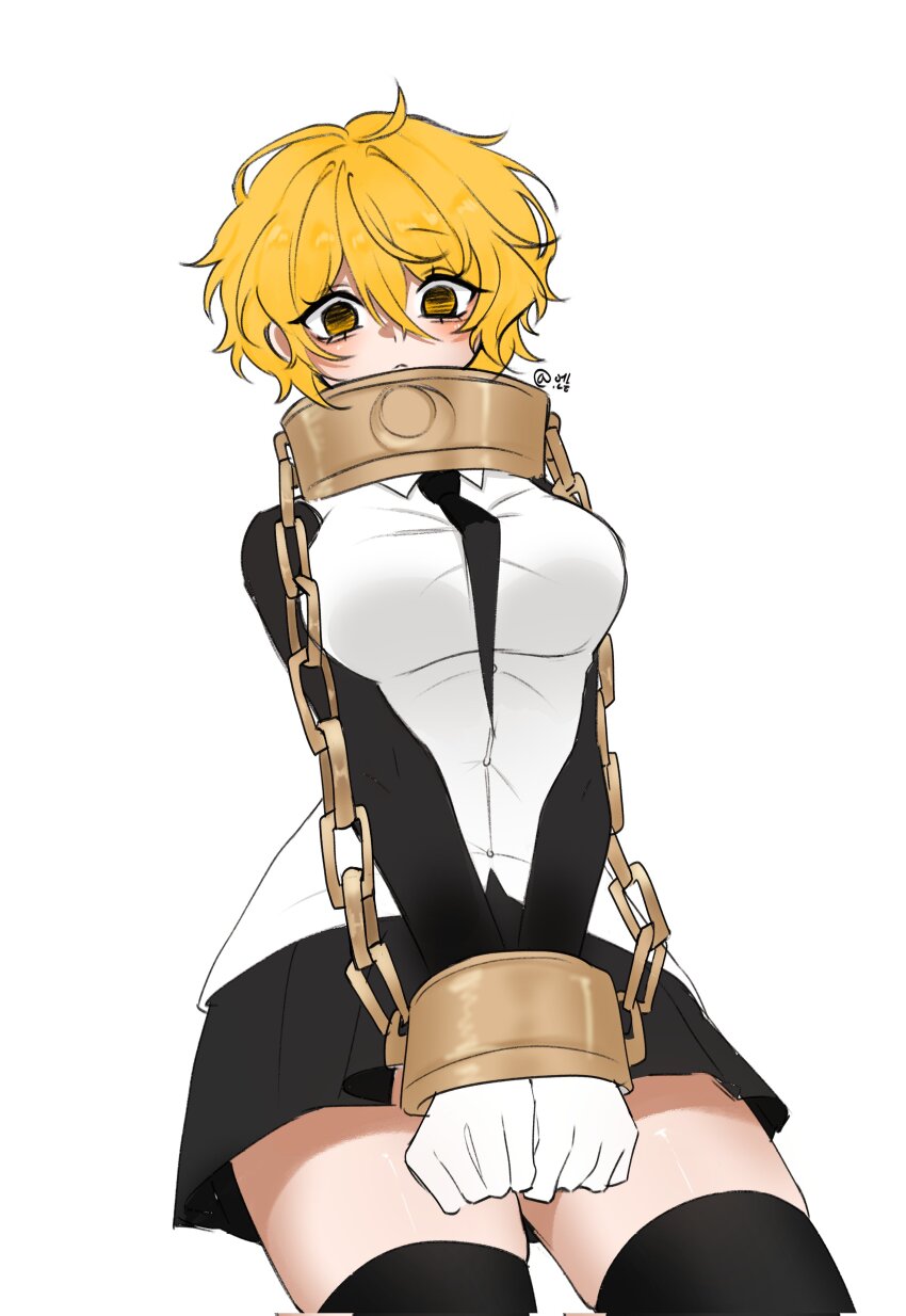 1girl, absurdres, black_necktie, black_skirt, black_thighhighs, blonde_hair, breasts, chain