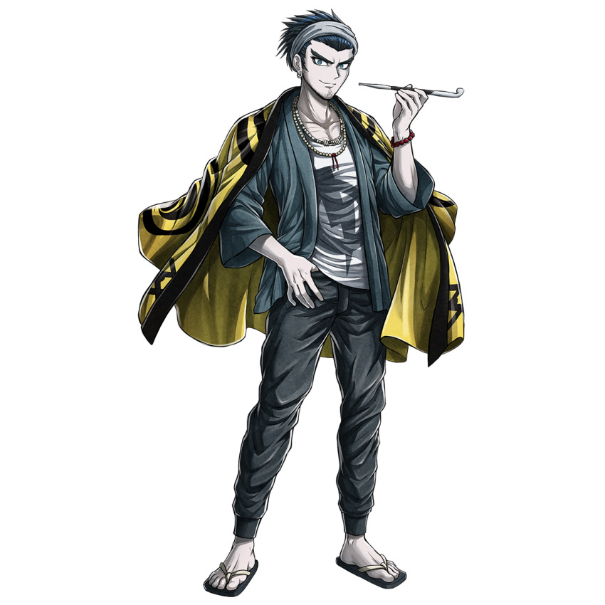 1boy, beard_stubble, black_pants, blue_eyes, blue_hair, earrings, facial_hair, full_body