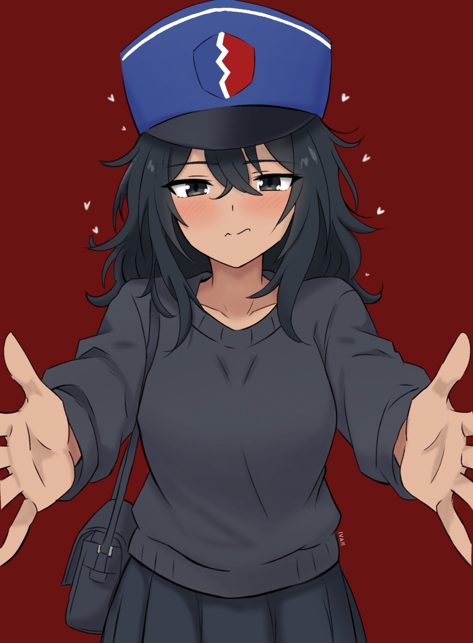 1girl, andou_(girls_und_panzer), black_hair, black_sweater, commentary, dark-skinned_female, dark_skin, emblem, girls_und_panzer, hat, highres, ivan_(2213432), kepi, medium_hair, messy_hair, military_hat, original, sweater