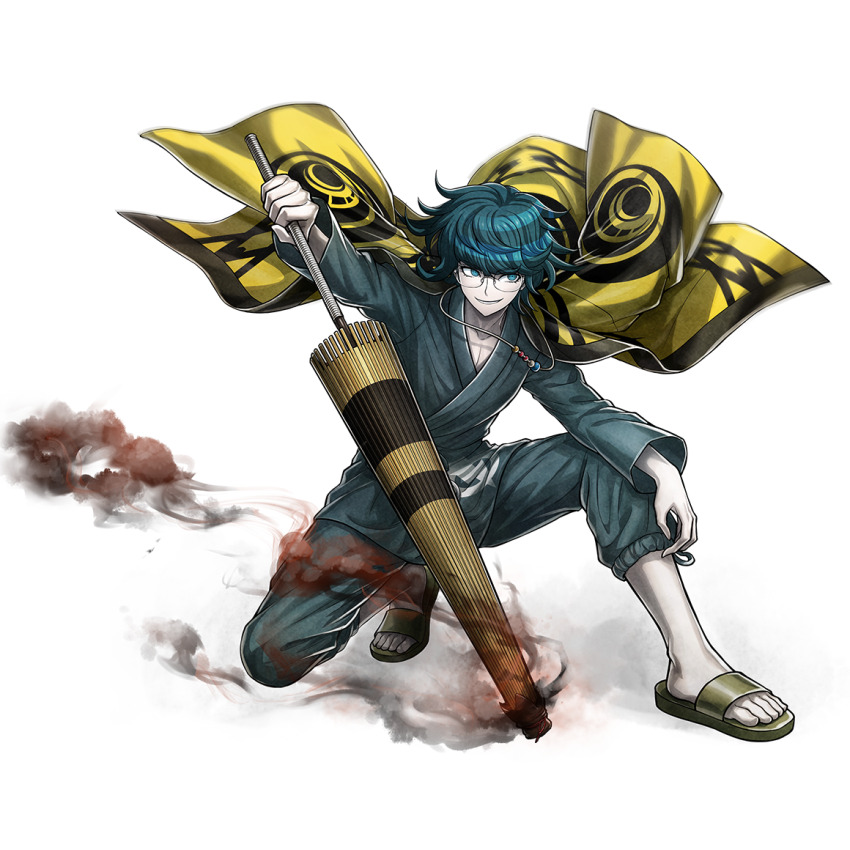 1boy, aqua_eyes, aqua_hair, full_body, glasses, grin, haori, holding