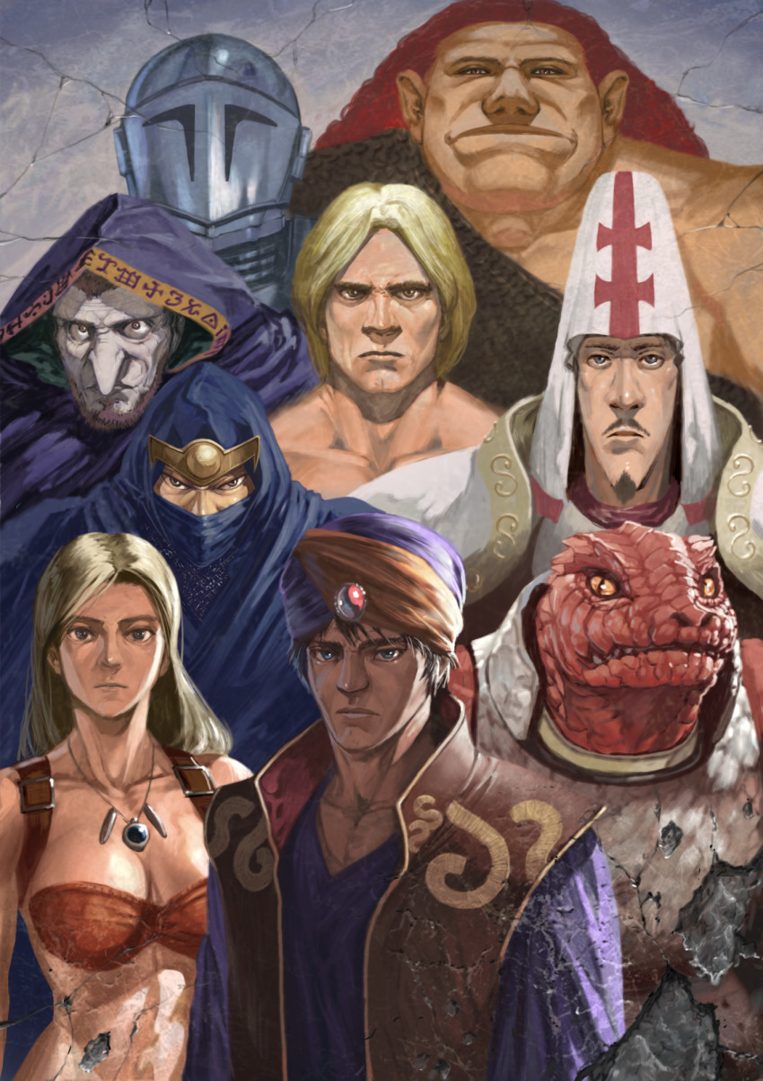 1990s_(style), 1girl, 6+boys, alan_(magic_sword), amazon_warrior, annotated, ariol_(magic_sword), armor